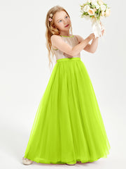 Robe Longue de Demoiselle d'Honneur Junior avec Haut en Paillettes et Jupe en Tulle Vert Citron