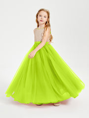 Robe Longue de Demoiselle d'Honneur Junior avec Haut en Paillettes et Jupe en Tulle Vert Citron