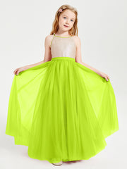Robe Longue de Demoiselle d'Honneur Junior avec Haut en Paillettes et Jupe en Tulle Vert Citron