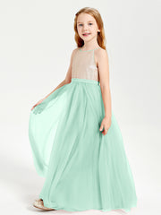 Robe Longue de Demoiselle d'Honneur Junior avec Haut en Paillettes et Jupe en Tulle Vert Menthe