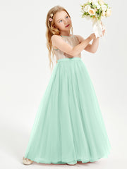 Robe Longue de Demoiselle d'Honneur Junior avec Haut en Paillettes et Jupe en Tulle Vert Menthe