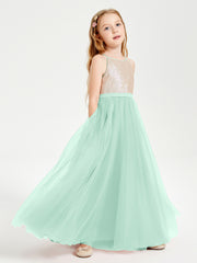 Robe Longue de Demoiselle d'Honneur Junior avec Haut en Paillettes et Jupe en Tulle Vert Menthe