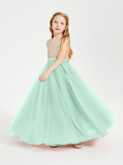 Robe Longue de Demoiselle d'Honneur Junior avec Haut en Paillettes et Jupe en Tulle Vert Menthe