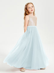 Robe Longue de Demoiselle d'Honneur Junior avec Haut en Paillettes et Jupe en Tulle Brume