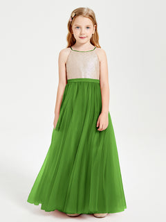 Robe Longue de Demoiselle d'Honneur Junior avec Haut en Paillettes et Jupe en Tulle Mousse