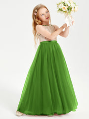 Robe Longue de Demoiselle d'Honneur Junior avec Haut en Paillettes et Jupe en Tulle Mousse
