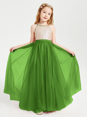 Robe Longue de Demoiselle d'Honneur Junior avec Haut en Paillettes et Jupe en Tulle Mousse