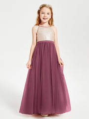 Robe Longue de Demoiselle d'Honneur Junior avec Haut en Paillettes et Jupe en Tulle Mûre