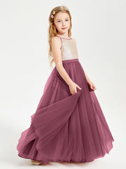 Robe Longue de Demoiselle d'Honneur Junior avec Haut en Paillettes et Jupe en Tulle Mûre