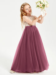 Robe Longue de Demoiselle d'Honneur Junior avec Haut en Paillettes et Jupe en Tulle Mûre