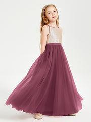Robe Longue de Demoiselle d'Honneur Junior avec Haut en Paillettes et Jupe en Tulle Mûre