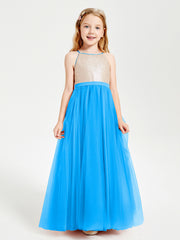 Robe Longue de Demoiselle d'Honneur Junior avec Haut en Paillettes et Jupe en Tulle Bleu Océan