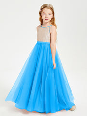 Robe Longue de Demoiselle d'Honneur Junior avec Haut en Paillettes et Jupe en Tulle Bleu Océan