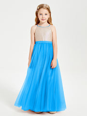Robe Longue de Demoiselle d'Honneur Junior avec Haut en Paillettes et Jupe en Tulle Bleu Océan