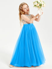 Robe Longue de Demoiselle d'Honneur Junior avec Haut en Paillettes et Jupe en Tulle Bleu Océan