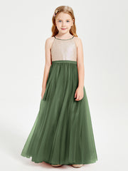 Robe Longue de Demoiselle d'Honneur Junior avec Haut en Paillettes et Jupe en Tulle Olive Verte