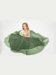 Robe Longue de Demoiselle d'Honneur Junior avec Haut en Paillettes et Jupe en Tulle Olive Verte