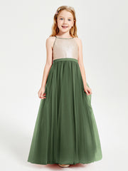 Robe Longue de Demoiselle d'Honneur Junior avec Haut en Paillettes et Jupe en Tulle Olive Verte