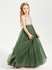 Robe Longue de Demoiselle d'Honneur Junior avec Haut en Paillettes et Jupe en Tulle Olive Verte