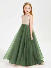 Robe Longue de Demoiselle d'Honneur Junior avec Haut en Paillettes et Jupe en Tulle Olive Verte