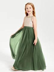 Robe Longue de Demoiselle d'Honneur Junior avec Haut en Paillettes et Jupe en Tulle Olive Verte