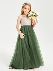 Robe Longue de Demoiselle d'Honneur Junior avec Haut en Paillettes et Jupe en Tulle Olive Verte
