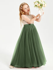 Robe Longue de Demoiselle d'Honneur Junior avec Haut en Paillettes et Jupe en Tulle Olive Verte