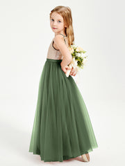 Robe Longue de Demoiselle d'Honneur Junior avec Haut en Paillettes et Jupe en Tulle Olive Verte