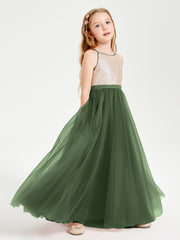 Robe Longue de Demoiselle d'Honneur Junior avec Haut en Paillettes et Jupe en Tulle Olive Verte