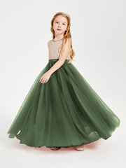 Robe Longue de Demoiselle d'Honneur Junior avec Haut en Paillettes et Jupe en Tulle Olive Verte