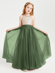 Robe Longue de Demoiselle d'Honneur Junior avec Haut en Paillettes et Jupe en Tulle Olive Verte