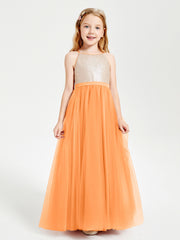 Robe Longue de Demoiselle d'Honneur Junior avec Haut en Paillettes et Jupe en Tulle Orange