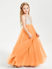 Robe Longue de Demoiselle d'Honneur Junior avec Haut en Paillettes et Jupe en Tulle Orange