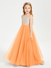 Robe Longue de Demoiselle d'Honneur Junior avec Haut en Paillettes et Jupe en Tulle Orange
