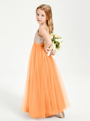 Robe Longue de Demoiselle d'Honneur Junior avec Haut en Paillettes et Jupe en Tulle Orange