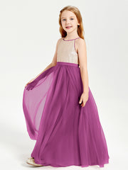 Robe Longue de Demoiselle d'Honneur Junior avec Haut en Paillettes et Jupe en Tulle Orchidee