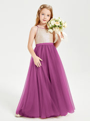 Robe Longue de Demoiselle d'Honneur Junior avec Haut en Paillettes et Jupe en Tulle Orchidee