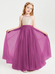 Robe Longue de Demoiselle d'Honneur Junior avec Haut en Paillettes et Jupe en Tulle Orchidee