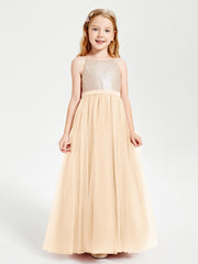 Robe Longue de Demoiselle d'Honneur Junior avec Haut en Paillettes et Jupe en Tulle Pêche