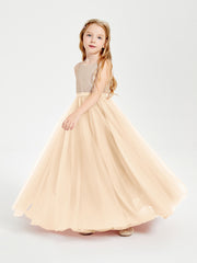 Robe Longue de Demoiselle d'Honneur Junior avec Haut en Paillettes et Jupe en Tulle Pêche