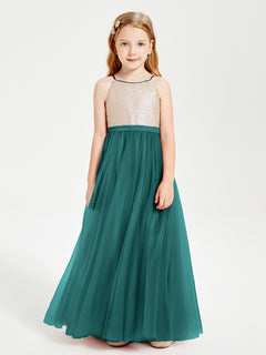 Robe Longue de Demoiselle d'Honneur Junior avec Haut en Paillettes et Jupe en Tulle Paon