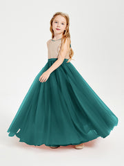 Robe Longue de Demoiselle d'Honneur Junior avec Haut en Paillettes et Jupe en Tulle Paon