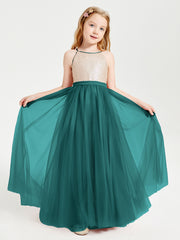Robe Longue de Demoiselle d'Honneur Junior avec Haut en Paillettes et Jupe en Tulle Paon