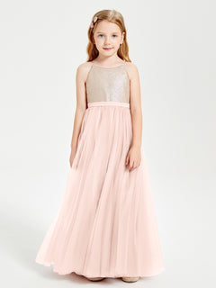 Robe Longue de Demoiselle d'Honneur Junior avec Haut en Paillettes et Jupe en Tulle Rose Perle