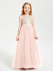 Robe Longue de Demoiselle d'Honneur Junior avec Haut en Paillettes et Jupe en Tulle Rose Perle