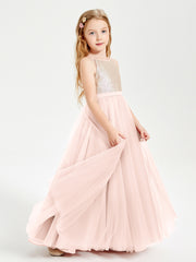 Robe Longue de Demoiselle d'Honneur Junior avec Haut en Paillettes et Jupe en Tulle Rose Perle