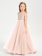 Robe Longue de Demoiselle d'Honneur Junior avec Haut en Paillettes et Jupe en Tulle Rose Perle