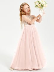 Robe Longue de Demoiselle d'Honneur Junior avec Haut en Paillettes et Jupe en Tulle Rose Perle
