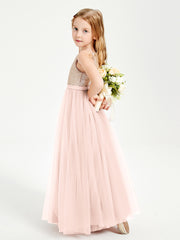 Robe Longue de Demoiselle d'Honneur Junior avec Haut en Paillettes et Jupe en Tulle Rose Perle