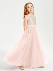 Robe Longue de Demoiselle d'Honneur Junior avec Haut en Paillettes et Jupe en Tulle Rose Perle